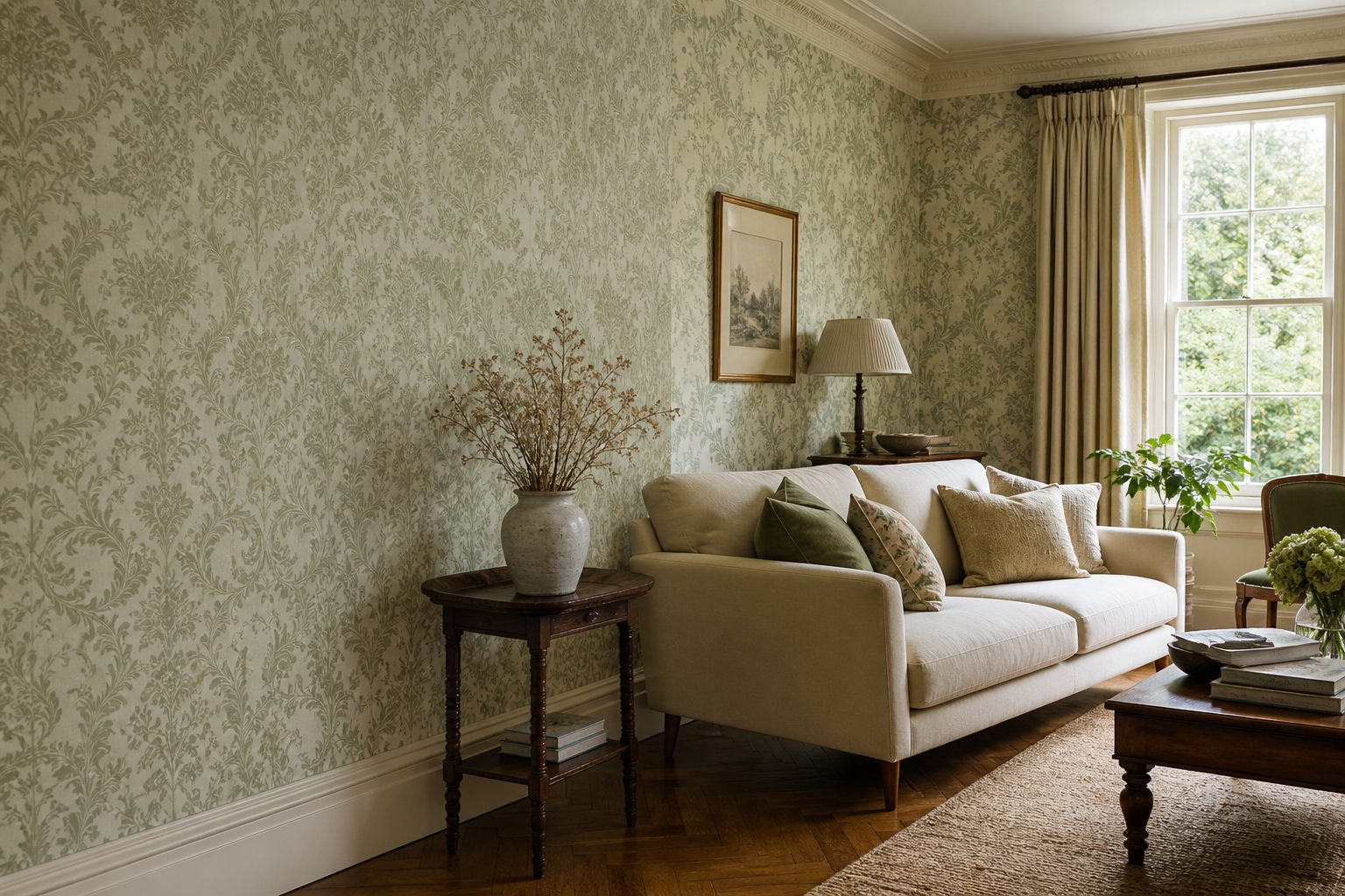 British living room with traditional damask wallpaper